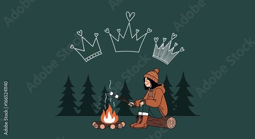 Girl roasting marshmallows by campfire in the forest with sketched crowns fairytale cozy winter