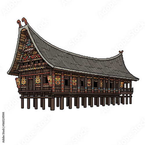 Traditional Indonesian longhouse, elevated structure, intricate carvings, dark wood, grey roof.