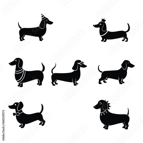 dachshund silhouette dog different poses linocut style vector illustration on white background