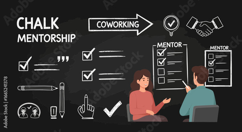 Creative mentorship session concept showcased on a chalkboard featuring hand drawn elements