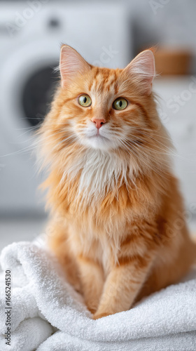Fluffy orange cat sitting on a towel with a neutral background.