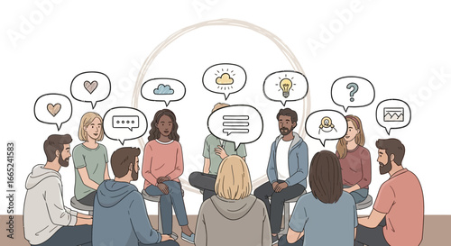 Group therapy session with diverse people sharing thoughts and emotions together in a circle