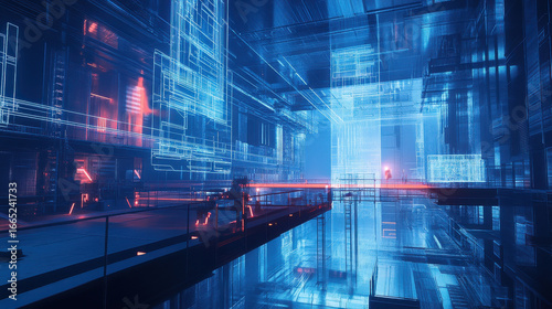 AI-controlled futuristic construction site with autonomous robotic builders, holographic blueprints, and advanced nanotechnology —ar 16:9 