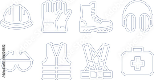Outline Safety Equipment Icons Helmet, Gloves, Boots, Earmuffs and Vests Symbol Set