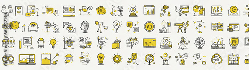 Yellow spring word with floral pattern and colorful cartoon icons is a collection of seamless illustrations