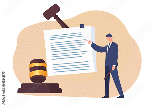 Flat minimalist vector illustration of lawyer in suit holding gavel pointing at legal document with large gavel symbol representing law and justice concept in court or attorney office