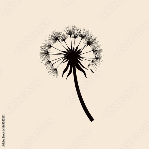 Minimalist black dandelion silhouette with detailed seed head and delicate flying seeds on light beige background vector illustration