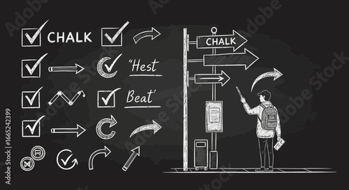 Hand-drawn chalk illustrations on a blackboard featuring a tourist and directions for educational