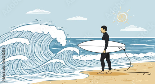 Hand-drawn illustration of a surfer on a beach with large waves and the sun shining in the sky