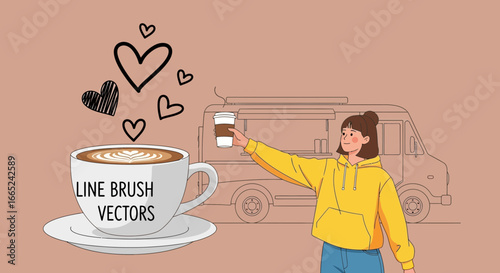 Hand-Drawn Illustration of a Woman Enjoying Coffee with a Food Truck Backdrop
