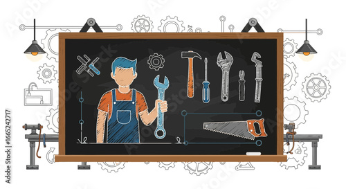 Handyman and carpentry tools on blackboard in workshop setting, creative concept