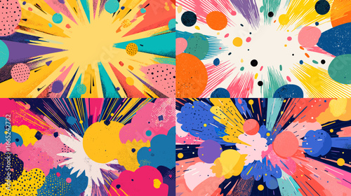 Vibrant abstract explosion of colorful shapes and dynamic splashes. Perfect for pop art, comic style, energy backgrounds, and modern design projects.
