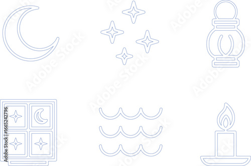 Outlined Moon, Stars, Lantern, Window, Waves and Candle Icons on Transparent Background