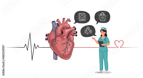 Healthcare professional explaining human heart health for medical illustration purposes