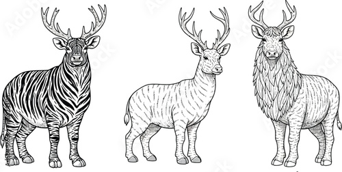 Three hybrid animals with deer antlers and zebra like stripes standing side by side on a white background