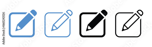 Vector art of pencil icon in a square, available in blue, black, and outline styles, symbolizing editing, writing, and notetaking for versatile design use