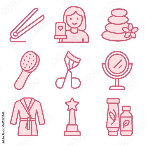Beauty spa icons: hair care, makeup, relaxation, skincare, wellness symbols