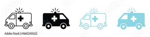 Vector art of ambulance emergency vehicle for medical transport and health care, featuring a cross symbol, siren light, and essential equipment for rescue service