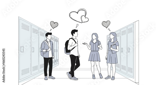 High school romance concept illustration, students in love, teens with lockers in love situation