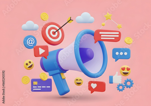 Digital marketing with megaphone, target, social media icons on pink background 3d rendering illustration