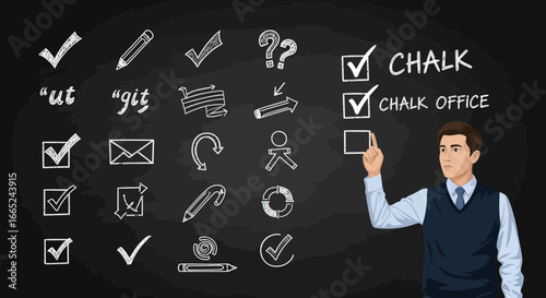 Illustrated man presenting chalkboard with hand-drawn icons and checkmarks for office task