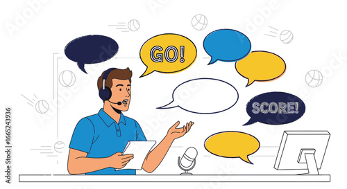 Illustrated sports commentator broadcasting live game with speech bubbles effects illustration
