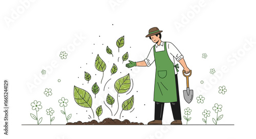 Illustration depicting a gardener tending to young plants promoting environmental care
