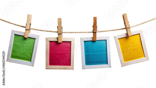 Wallpaper Mural Four Colorful Instant Photo Frames Hanging on Rope – Polaroid Style Empty Frame PNG Torontodigital.ca