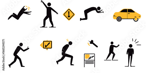 Set of black stick figure pictograms showing accidents and injuries with yellow warning signs and a yellow car in flat minimalist vector style