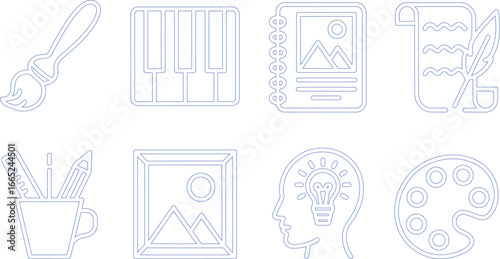 Set of Creative Outline Icons Paintbrush, Piano Keys, Notebook, Idea, Palette & more