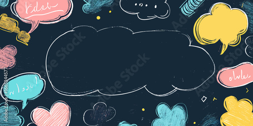 Colorful hand drawn chalkboard style speech bubble set with doodle frames and pastel crayon chalk texture on dark background for communication and ideas concept illustration