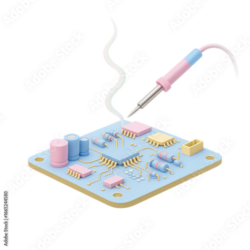Soldering iron working on a circuit board with electronic components isolated on transparent background