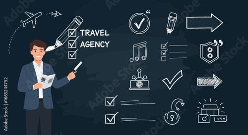 Illustration featuring a travel agency presentation with drawn icons and a presenter man