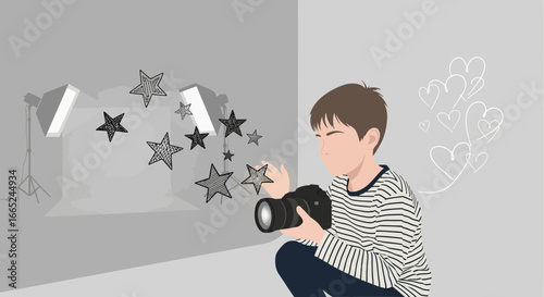 Illustration of a boy taking pictures with a professional camera in studio