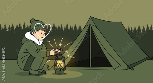 Illustration of a camper near a tent illuminated by lantern light on a camping adventure
