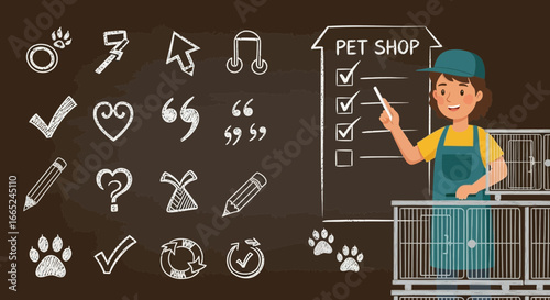 Illustration of a cheerful pet store worker with doodle icons and checklist