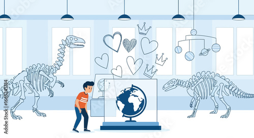 Illustration of a curious student observing a globe exhibit surrounded by dinosaur skeletons and