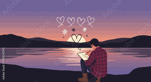 Illustration of a creative man drawing hearts at sunset by the lake depicting love and inspiration