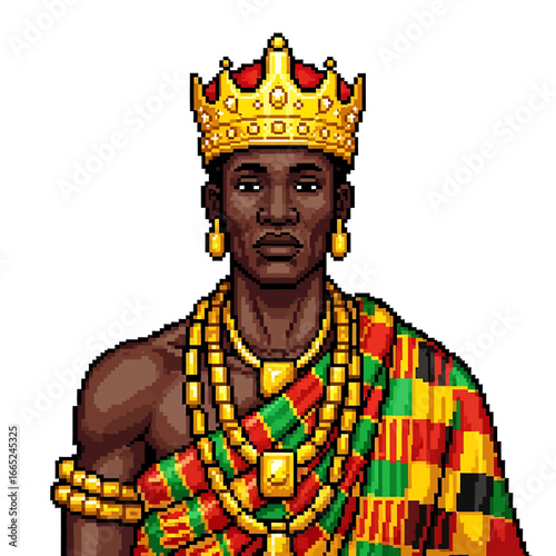 Pixel art illustration of a man wearing a golden crown, necklace, and traditional African clothing.