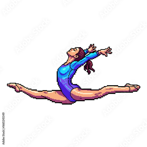 Pixel art illustration of a gymnast performing a split leap with arms raised, wearing a blue leotard.