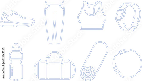 Sport Items Shoe, Pants, Bra, Watch, Bottle, Bag, Mat, Ring, Blue Outlines on White