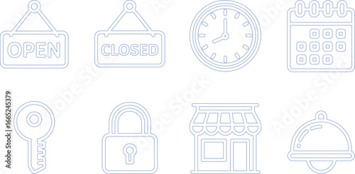 Store Signage Outlined Open, Closed, Clock, Calendar, Key, Lock, Shop, Plate Icons