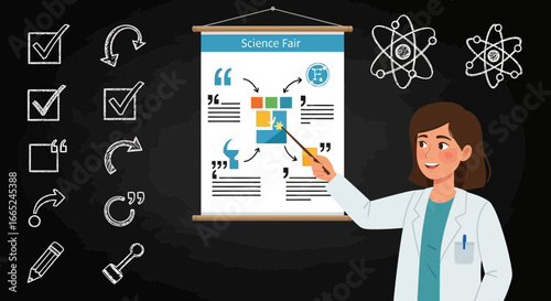 Illustration of a female science teacher presenting a science fair project with information and