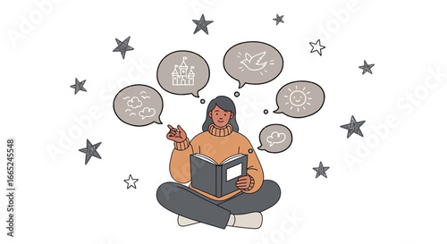 Illustration of a girl reading a book and imagining fantasy with a sky full of stars