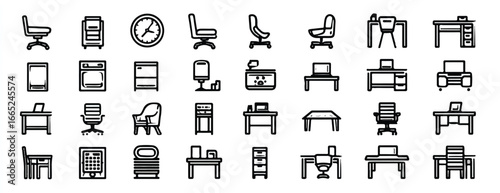 Office furniture and equipment line icons collection in vector format for designers and creative professionals representing a workspace environment