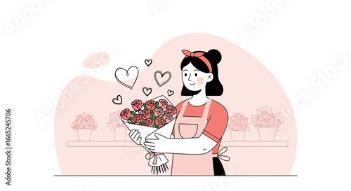 Illustration of a happy florist holding a bouquet of roses surrounded by hearts symbol