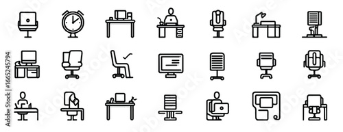 Outline Icon Set of Office Furniture and Workspace Elements for Business or Design Projects