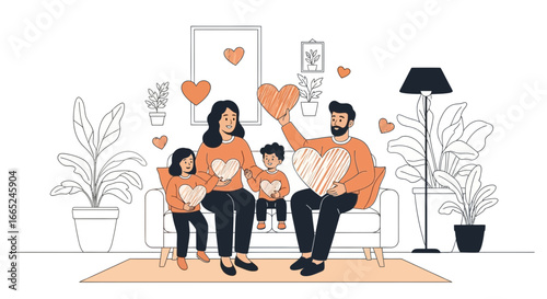 Illustration of a loving family with hearts in a cozy home environment representing love and
