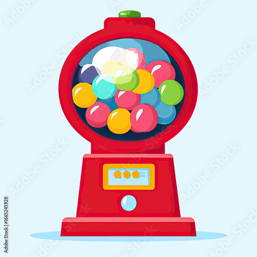 Bright red minimalist gumball machine filled with colorful round gumballs in transparent globe container vector illustration