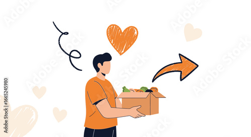 Illustration of a man donating food with heart and arrow graphic elements